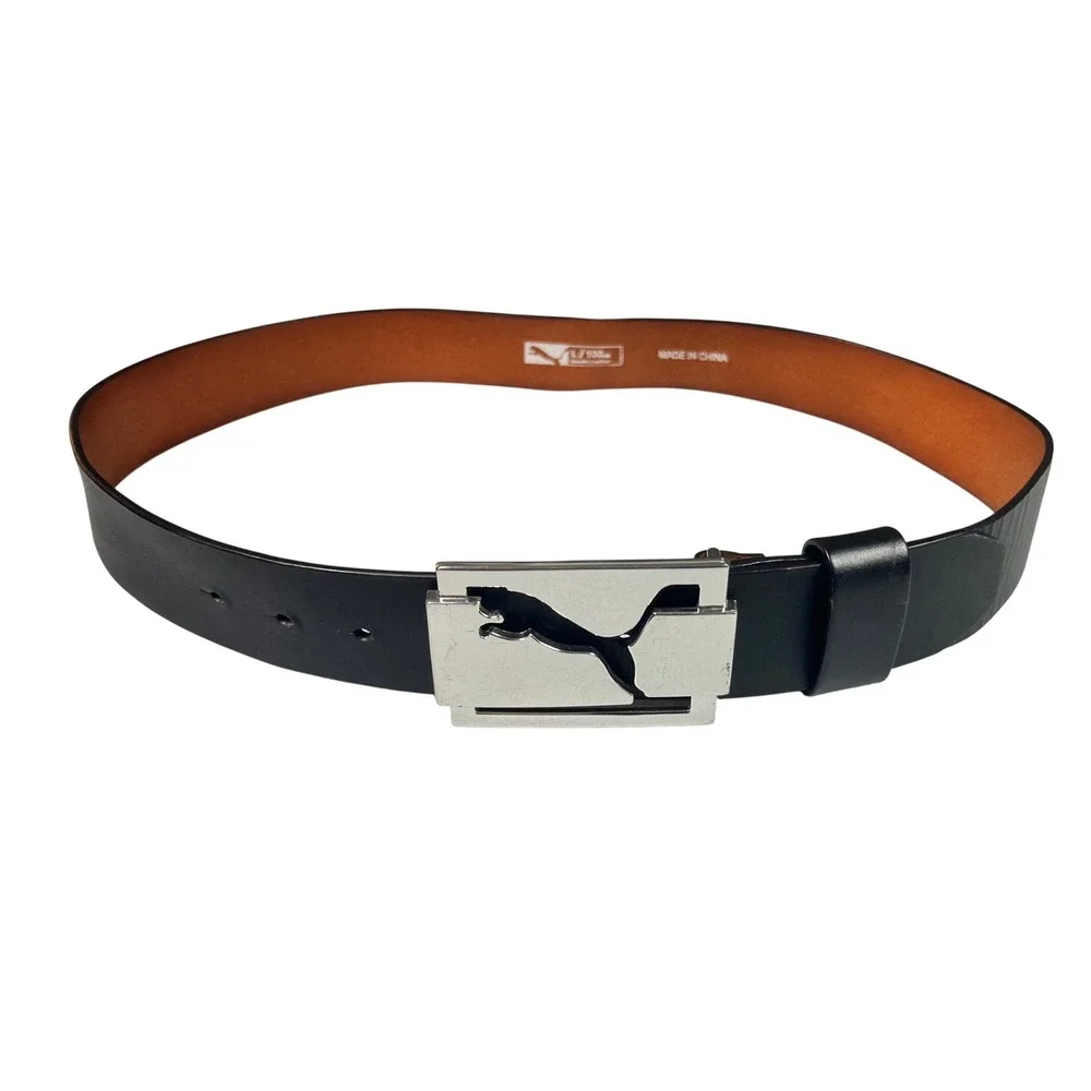 Puma Mens Black Genuine Leather Belt Silver Cutout Cat Logo Buckle Size L 100cm
